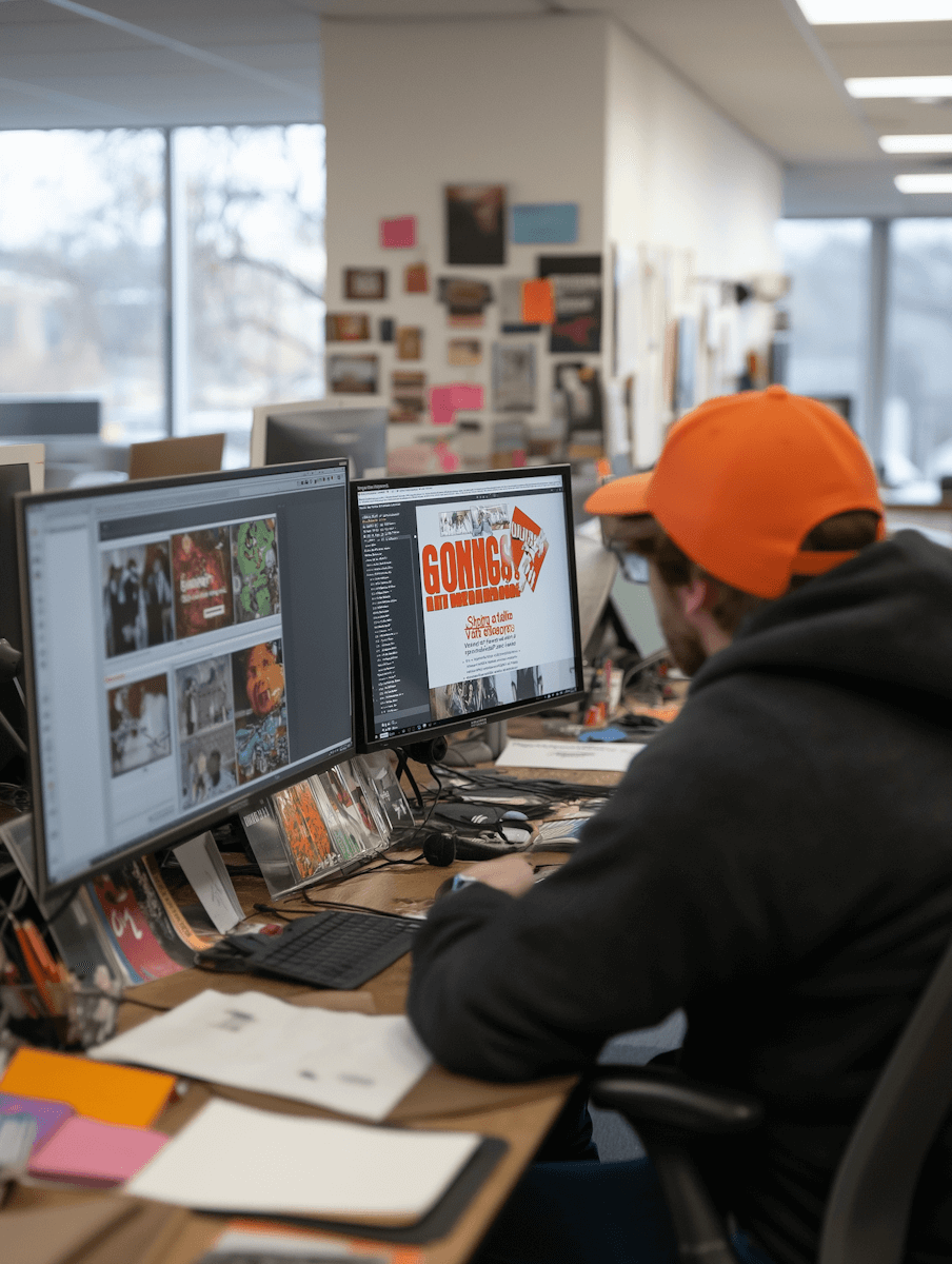 AI graphic designer at dual monitors